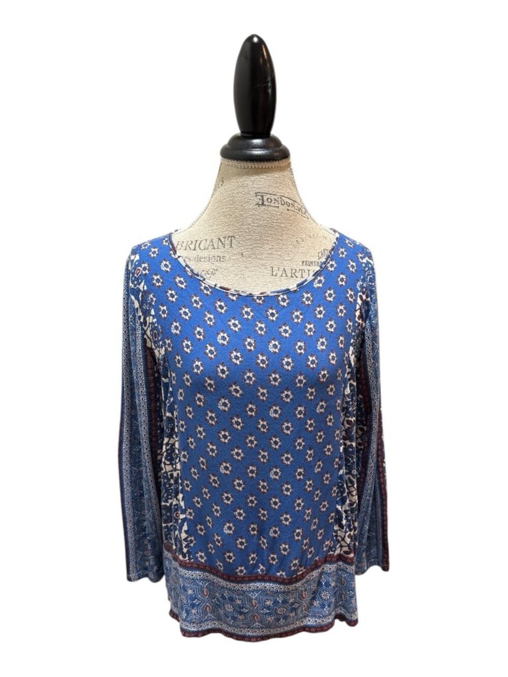 Lucky Brand Sz S Blue White & Red Floral Boho Round Neck Split-Back Tunic Top